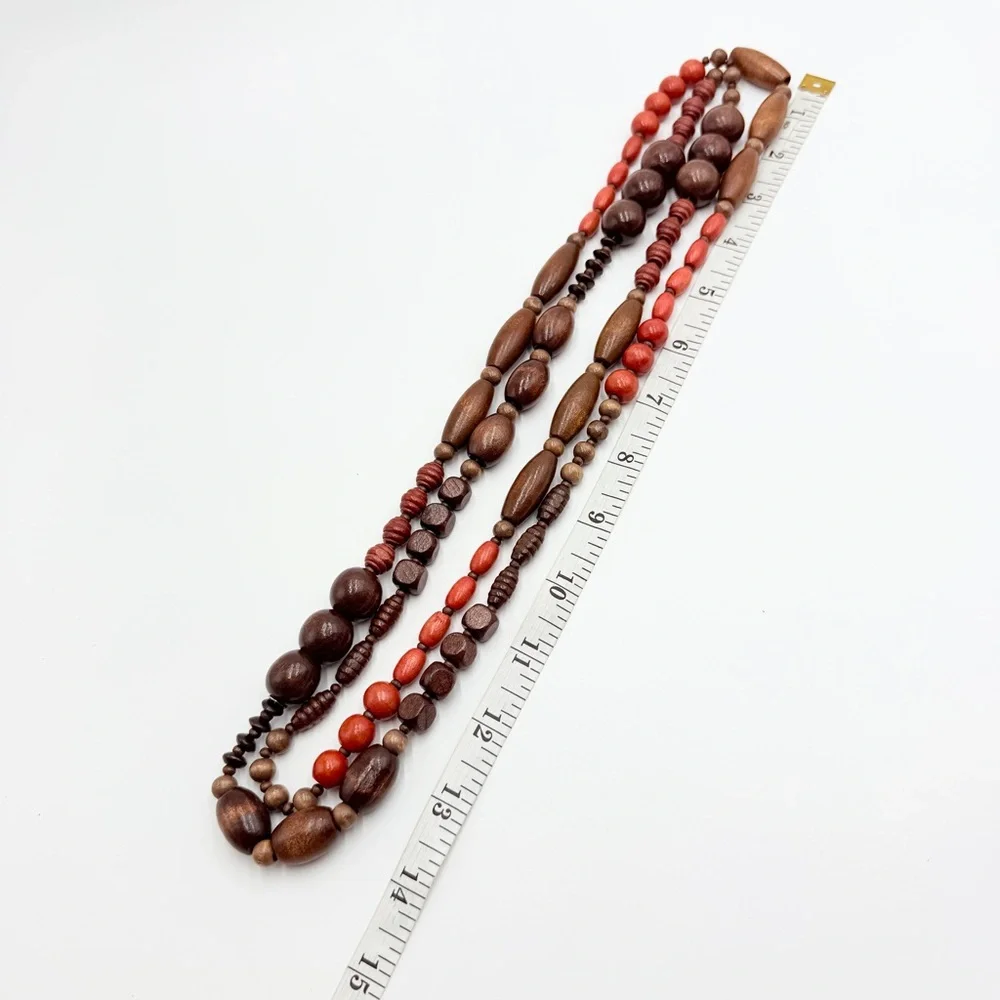 Vintage Wooden Beaded Necklace Brown Red Long Boho Statement Necklace - Picture 7 of 7